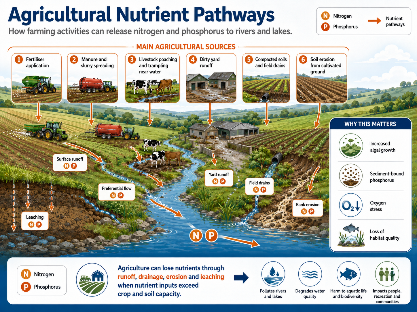 Infographic showing agricultural nutrient pathways from fertiliser, manure, livestock yards, field drains and soil erosion.