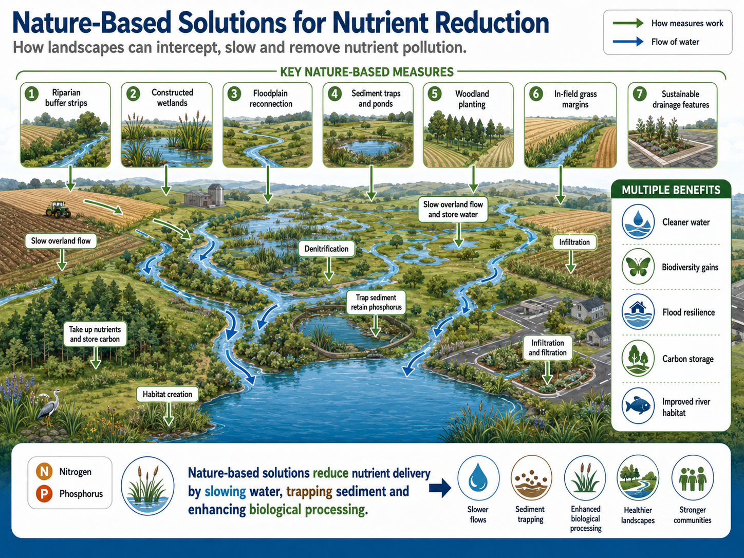 Infographic showing nature-based nutrient reduction measures including buffer strips, wetlands, ponds, woodland and SuDS.