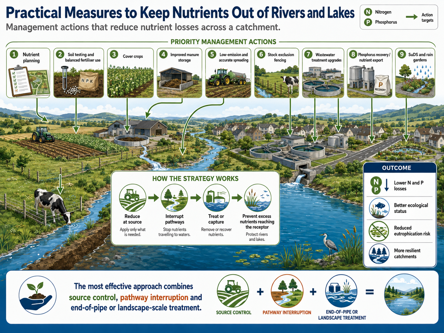 Infographic showing practical measures to keep nutrients out of rivers and lakes using source control, pathway interruption and treatment.