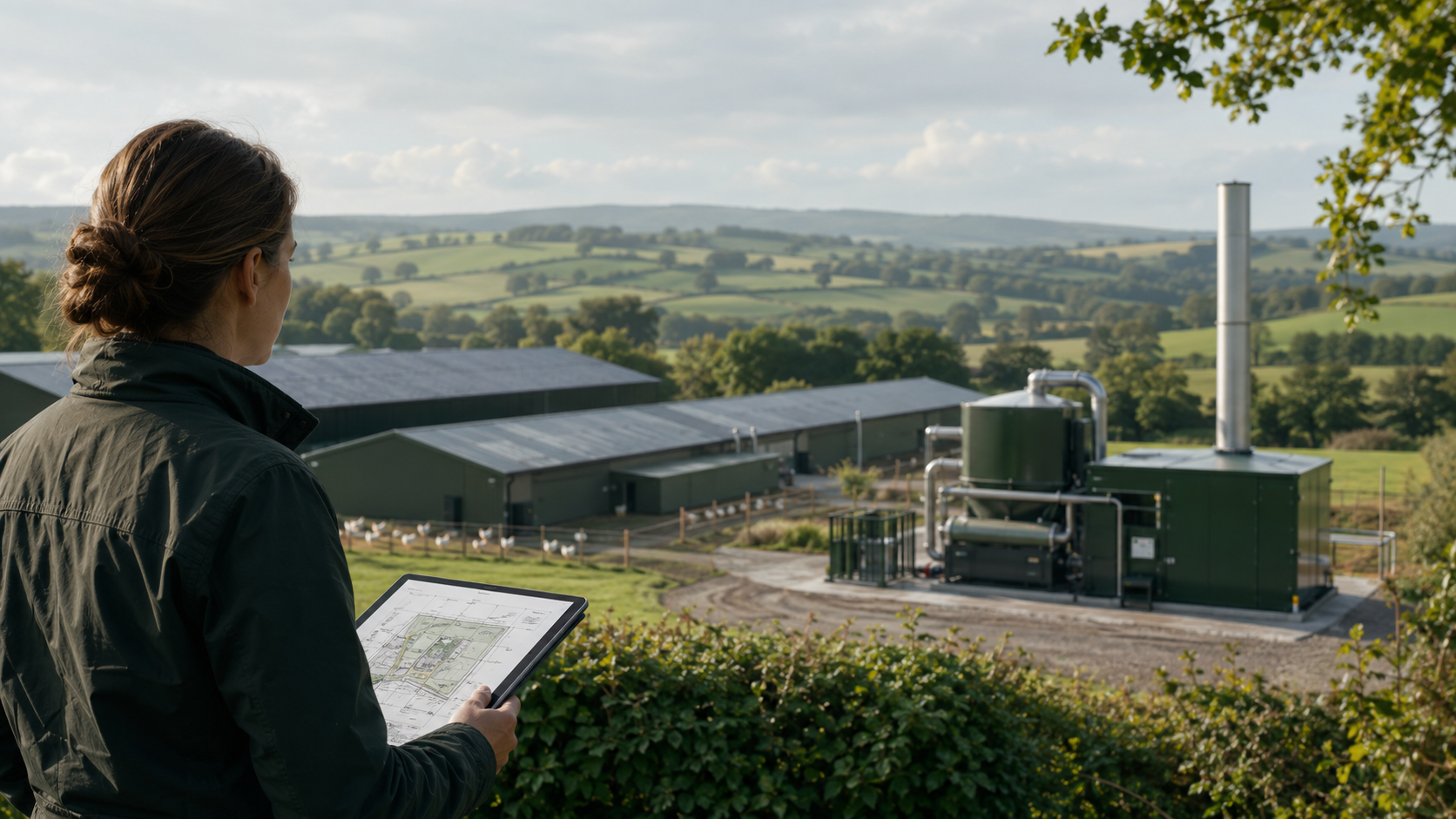 Rural poultry farm with discreet pyrolysis unit and planning consultant reviewing site plans