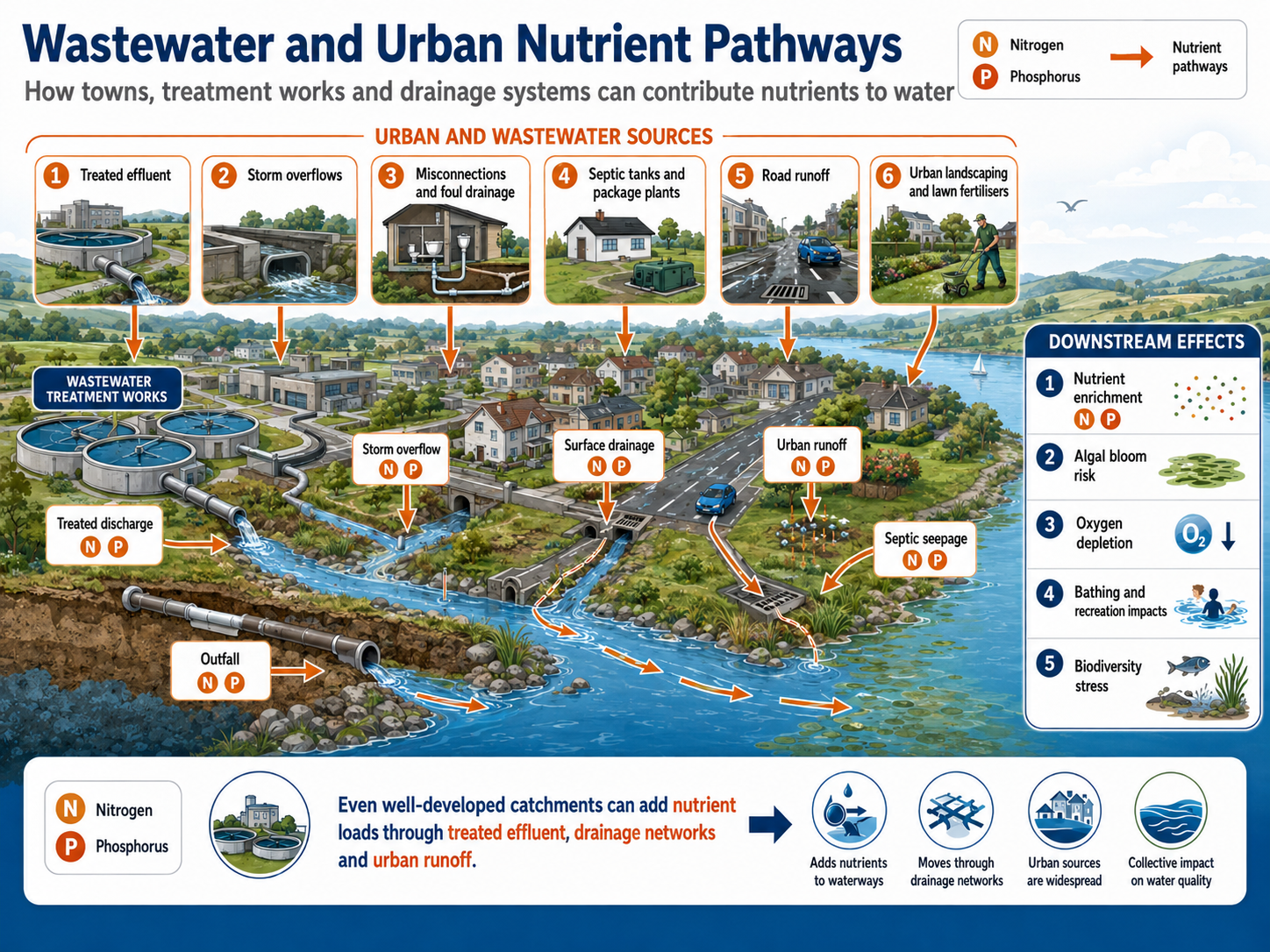 Infographic showing wastewater and urban nutrient pathways from treatment works, septic tanks, roads and drainage systems.